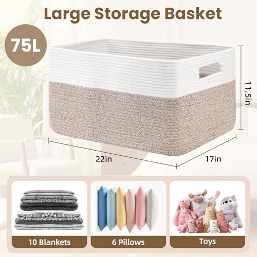 Optish 75L Large Blanket Basket, Woven Storage Baskets with Reinforced Handles, Rope Laundry Basket for Living Room, Bedroom, Nursery, Toys, Clothes,Pillows, 22” x 17” x 11.5”, White & Brown - color: White & Brown, size: 22" x 17" x 11.5"(75L)