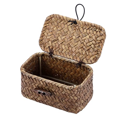 Seagrass Basket Bin with Lid Mini Size Handwoven Wicker Storage Container Storage Basket Decorative Desktop Organizer for Shelf Bathroom Home Decor, 4.3"x2.5"x2.1" - size: 4.3"L x 2.5"W x 2.1"H