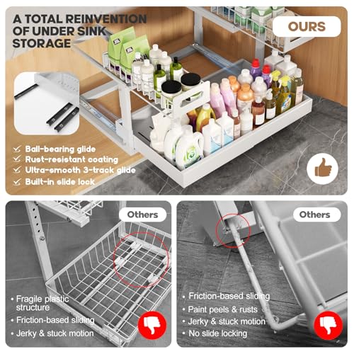 1 Pack Expandable Under Sink Organizers Storage With Upgrade Ball-Bearing Slide Tracks,2-Tier Pull Out Under Cabinet Organizer Height Adjustable,Not Suitable For Cabinets With Partitions In The Middle - color: White, size: 1 Pack-15.3"-24.2"W