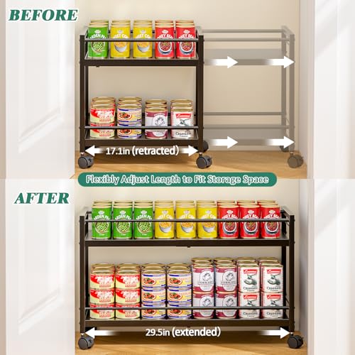 2-Tier Expandable Rolling Pantry Cart with Wheels, Adjustable Floor Organizer for Kitchen Pantry, Can Organizer for Pantry, Storage Cart for Snack, Food, Vegetables, Black, Patent Pending - color: Black