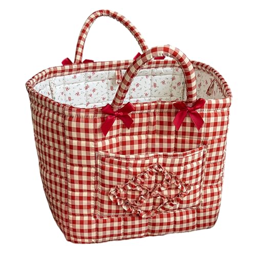 Floral Fabric Storage Basket Car Interior Storage Basket Underwear Sundries Laundry Baskets Supplies Home Organizer Bag (Red plaid) - color: Red plaid