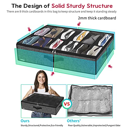 Onlyeasy Under Bed Shoe Storage Organizer For Closet, 4 Pack Fit 12x4 Pairs, Underbed Solution Shoes Container Bags with Sturdy Sidewall & Reinforced Handles, Breathable, Linen-like Black, MXAUBSB4P - color: Linen-like Black 4 Shoes (12+12 Cells)