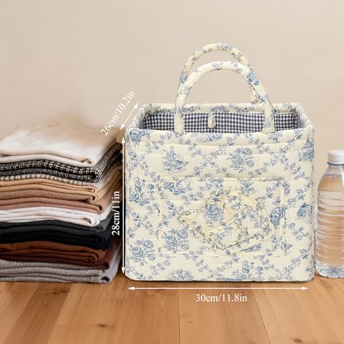Quilted Fabric Basket Foldable Car Storage Boho Floral Laundry Basket Hamper for Nursery Bedroom & Living Room | Organize Clothes Toys - color: Blue-Toned Pastoral