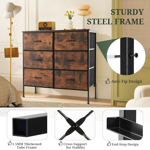 6-Drawer Dresser for Bedroom, Anti-Tip Wide Storage Organizer Chest of Drawers with Wooden Top and Metal Frame Fabric Bins for Closet, Living Room, Hallway, Entryway, Brown - color: Brown, size: 11.8"D x 31.5"W x 31.5"H (6 Drawers)