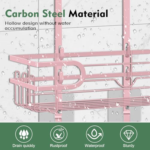 Shower Caddy Hanging, Over Head Shower Caddy Shower Storage Rack Basket with Hooks for Razor and Sponge Rustproof, No Drilling, Accessories for Bathroom and Kitchen, pink - color: Pink