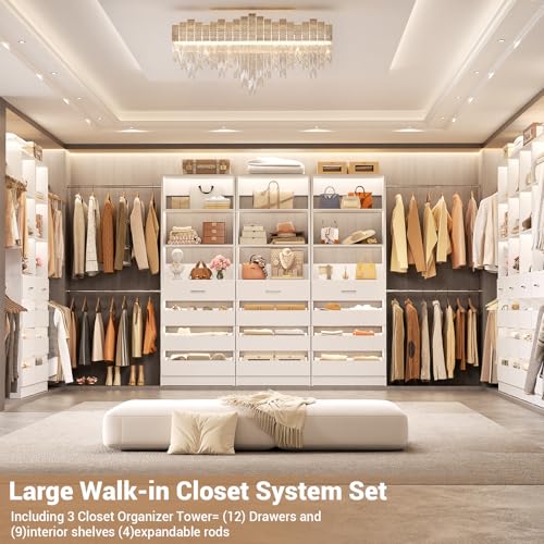 Aheaplus Closet System with 12 Drawers, 8.5-11.5Ft Wood Closet Organizer System with 4 Hanging Rods & 3 Towers, 4Ft & 6Ft L-Shaped Walk-in Closets Wardrobe Organizer Clothes Rack, Set of 3, White1 - color: White