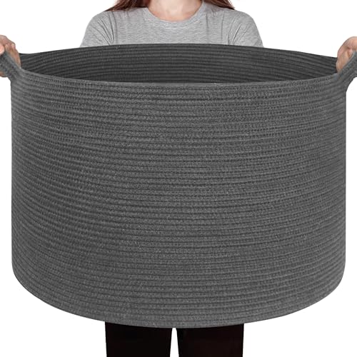 Extra Large Blanket Basket, 22"x14" Woven Cotton Rope Baskets for Organizing, Kids Dog Toy Bin Box, Large Wicker Blanket Storage for Living Room, Throw Pillow Holder Organizer, Dark Gray - color: Dark Gray
