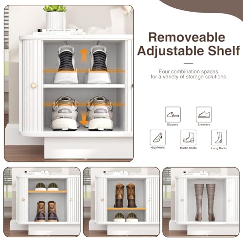 AKMAKM Fluted Entryway Bench with Shoe Storage, 31" W Small Shoe Bench with Sliding Door, Mud Room Benches with Seat, Upholstered Wooden Rack Organization for Living Room, Apartment, Dorm, White - color: White, size: 31 W