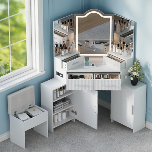 FURSUN Fluted Makeup Vanity Desk with HD 3 Way Mirror and Lights, 51" Large Corner Vanity Table with Charging Station, Dressing Table with 4 Drawers & 2 Storage Cabinets for Bedroom, White - size: 20.0"D x 51.2"W x 56.3"H, style: White