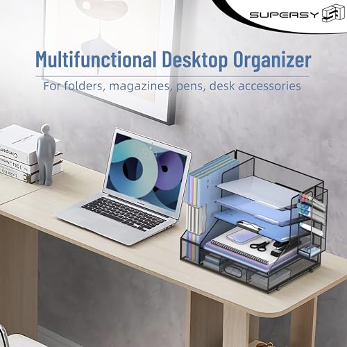 SUPEASY Desk Organizer with File Holder, 5-Tier Mesh Paper Letter Tray and 3 Tilted File Sorter for Office Supplies, Black - color: Industrial Black
