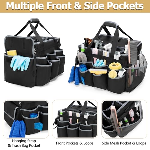 HODRANT Large Cleaning Caddy with Detachable Trolley & Shoulder Strap, Cleaning Supplies Bag with Handles & Support Plates, Cleaning Product Rolling Organizer for Car Wash and Housekeeping