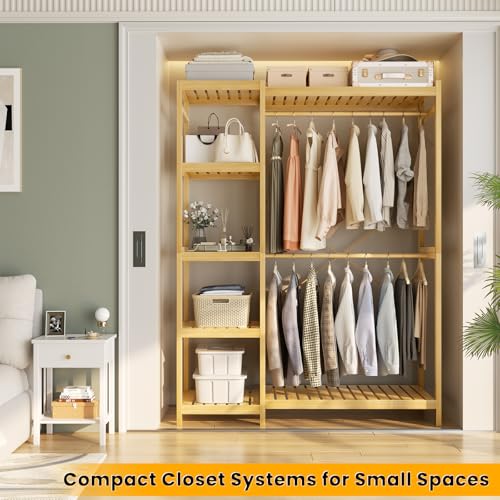 Homykic Bamboo Clothes Rack Garment Rack for Hanging Clothes, Heavy Duty Clothing Rack with 7 Tiers Adjustable Shelves, Double Rods, 4 Hooks, Freestanding Closet System Organizer Wardrobe, Natural - color: Natural, size: II Medium