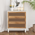 COZAYH Farmhouse 3-Drawer Nightstand, Rattan Cane Front Accent Dresser with Brass Pull, Distressed White - color: Distressed White, style: 3 Drawer/1 pack