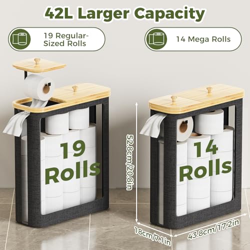 42L Toilet Paper Basket with Bamboo Lid, Toilet Paper Storage with Toilet Paper Holder & Non-Slip Mat for Bathroom Organizer, Holds up to 19 Regular Rolls or 14 Mega Rolls, Collapsible & Stackable - color: Black