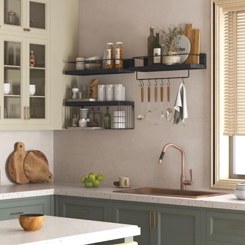 PopiShelves Bathroom Shelves Over Toilet for Wall, Floating Shelves with Storage Basket Paper Holer for Kitchen Living Room, Bedroom & Classroom, Set of 3 (Black) - color: Black, size: 15.7"