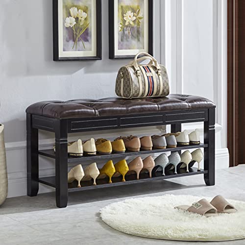 LEILISI Shoe Bench, Storage Rack Organizer with Cushion 2 Tier Lift Top Shoe Rack for Entryway Living Room Bedroom Hallway Wooden Furniture (Black, 39.4'') - color: Black, size: 39.4