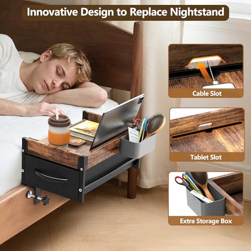 Bedside Shelf for Bunk Bed, 2 Tier Clip On Bed Shelf with Drawer & Cable Management, Under Mattress Bedside Shelf for Dorm Room, Loft Frame, College Dorm Essentials, Back to School (Brown) - color: Brown