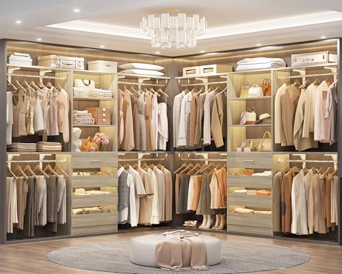 Aheaplus Closet System with Drawers Set of 2, Wood Closet Organizer System with 8 Hanging Rods & Top Shelves, Walk-in Closets Organizer Wardrobe Clothes Rack, Cut Fits Spaces 4-9FT. Wide, White Oak1 - color: White Oak