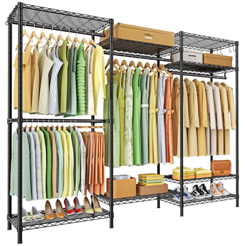 Ulif E13 Heavy Duty Clothes Rack（With 4 Hanger Rods & 8 Shelves） Freestanding Clothing Racks for Hanging Clothes，Adjustable Closet Organizer，Metal Garment Rack 63" W x16 D x77 H，Max Load 900LBS，Black - color: Black, size: E13