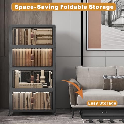 UAMFURI Stackable Storage Bins with Lids 192QT-48QT*4Pack Folding Storage Box with Doors and Wheels, Collapsible Plastic Bins Stackable Organizer and Containers for Home, Garage, Office - color: Black, size: 4PACK-20"W12"D44"H