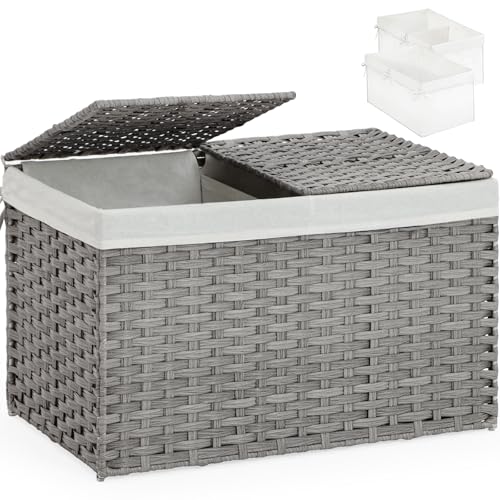 SETVSON Storage Basket with Lid Wicker Baskets for Storage with 2 Separate Lid 42.3 Gallon (160 L) 29.9 x 17.3 x 18.1 Inches Rattan Woven Large Wicker Basket with 2 Liners for Bedroom Laundry Gray - color: Gray, size: 160L-29.9L*17.3W*18.1H