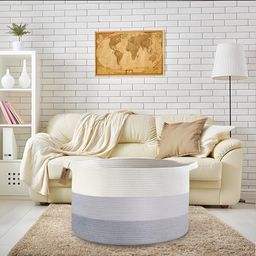 COMFY-HOMI XXXL Large Laundry Basket, Cotton Rope Nursery Woven Basket for Storage, Blanket Baskets Living Room Laundry Hamper, Dog Toy Storage Organizer, Home Decor-21''x21''x13.6''-White and Grey - color: white/grey