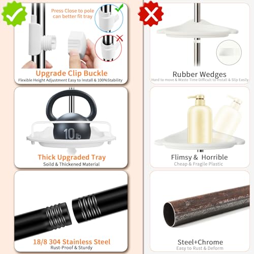 Upgrade Sturdy Shower Caddy Tension Pole Corner Shower Caddy Bathroom Organizer 18/8 Stainless Steel Rustproof 4 Tier Adjustable Shelves for Bathtub Shampoo Accessories Storage Rack 32-122inch - color: White