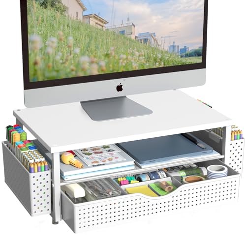 Spacrea Desk Organizer and Accessories, Computer Monitor Stand Riser with Drawer and 2 Pen Holders, Office Desk Accessories & Workspace Organizers for Office Supplies (White) - color: White