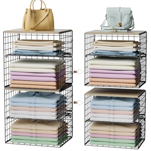 4-Tier Widened Closet Organizers and Storage, Extra Long Stackable Closet Shelf Organizer with Adjustable Dividers and Wood Top, Large Closet Storage Basket for Clothes, Jeans, Wardrobe Organization