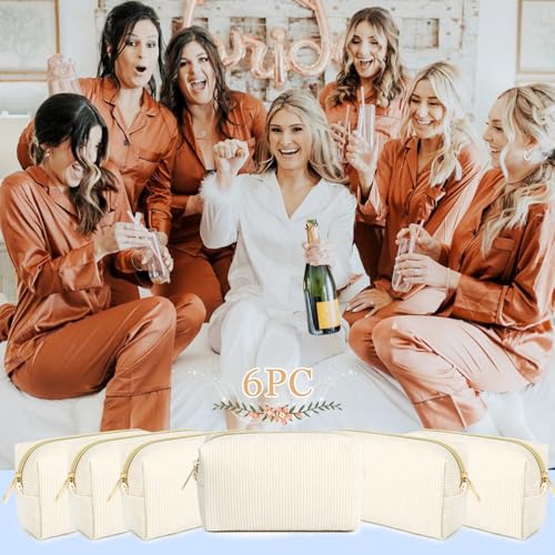 SOIDRAM 6PCS Bridesmaid Proposal Gifts Corduroy Beige makeup bag bulk for Wedding Party Favors Bachelorette party decorations Toiletry Organizer Bag Cosmetic Case Gift - color: Corduroy Beige, size: 6 Pack