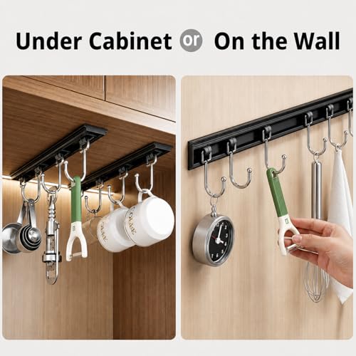 Cociat 2PCS Utensil Racks with 8 Hooks 17 Inch Kitchen Utensil Holders Hanging Utensil Rack Multifunctional (17 inch) - color: BLACK, size: 17 inch & 8 hooks