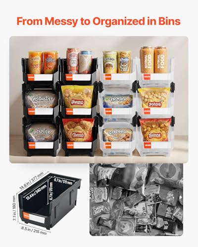 VEVOR Plastic Stackable Storage Bins, 14.8 x 8.5 x 7.1 inch (12 Pack), Plastic Containers for Organizing & Storage Bins for Garage, Small Parts, Office Supplies, Other Accessories, Black & Transparent - color: Black &Clear, size: 14L