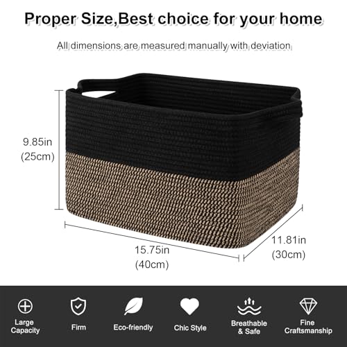 OIAHOMY Woven Storage Basket for Shelves, Rectangle Cotton Rope Baskets for Organizing, 16 x 12 x 10 in, Storage Bins for Dog Toys,Towel,Books,Gift,Black and Brown - color: Black and Brown, size: 16"x12"x10"