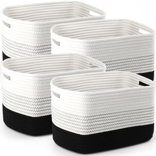 4 Pack Storage Baskets for Organizing, 12''Lx9''Wx8''H Woven Baskets for Storage Toys, Towels, Books, and Clothes, Cotton Rope Basket for Shelves with Handle (White & Black) - color: White & Black