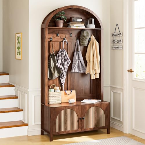 Hall Tree with Bench and Shoe Storage, Entryway Storage Bench with Coat Rack, 78.74" Coat Rack with 7 Hooks and Adjustable Shelves, Farmhouse Style Furniture Organizer for Hallway (Walnut, 78.74"H) - size: 78.74"H