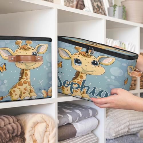 Custom Storage Basket with Name, Personalized Storage Bins with Zipper Lid, Foldable Fabric Storage Box Large capacity with Handle Butterfly Giraffe - color: Option 21