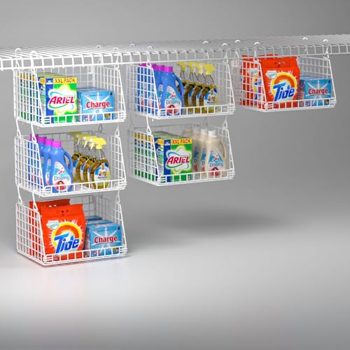 PUPPYCUTE 3-Pack Laundry Room Organization and Storage, Hanging Wire Basket for Laundry with 360°Rotating Hooks, Over Washer and Dryer Shelves, Laundry Organizers and Storage Basket, white - size: For wire shelving-3 pcs