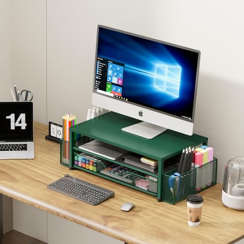 OPNICE Desk Organizers and Accessories, 2-Tier Computer Monitor Stand Riser with Drawer and 2 Pen Holders, Laptop Stand, Office Desk Accessories for Office Supplies, Dark Green - color: Dark Green