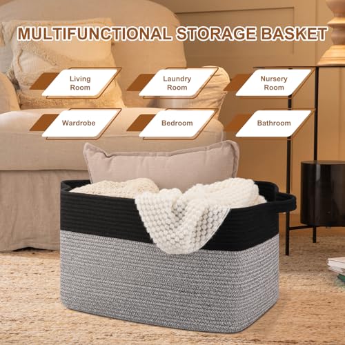 OIASKET Blanket Basket for Living Room, Woven Cotton Rope Basket for Storage Clothes, Towels, Pillows, Toy Storage Bin for kids with Handles, 20" x 16" x 12", Black and Grey - color: Black & Grey, size: 19.7"x15.8"x11.8"