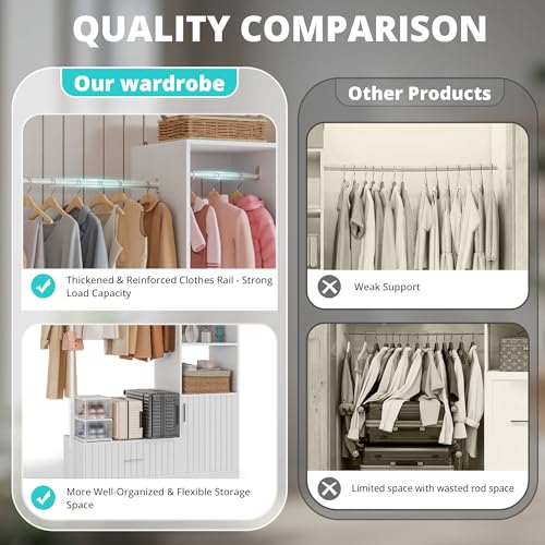 PatioPerk Closet System,Closet Organizer with Hanging Rods & Storage Shelves,Wardrobe Clothes Rack with Drawers and coat tree, Modern Garment Rack for Dressing Room, Hallway, White