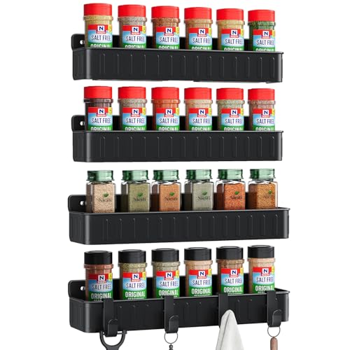 Nieifi Spice Rack Wall Mount, 4 Pack, Black, Screw or Adhesive Installation, Spice Rack Organizer for Your Kitchen Cabinet or Pantry Door - color: Black