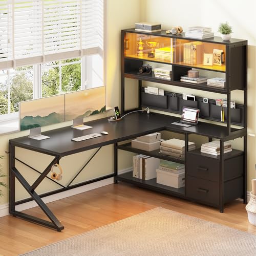 SEDETA L Shaped Gaming Desk, Home Office Computer Desk with 2 Drawer and Bookshelf, L Shaped Gaming Desk with LED Light, Glass Cabinet and Storage Bag, Corner Desk with Storage Shelves, Black - color: Black