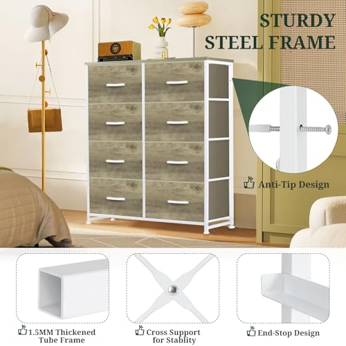 8-Drawer Dresser for Bedroom, Anti-Tip Tall Storage Organizer Chest of Drawers with Wooden Top and Metal Frame Fabric Bins for Closet, Living Room, Hallway, Entryway, Greige Oak - color: Greige Oak, size: 11.8"D x 31.4"W x 36.3"H (8 Drawers)