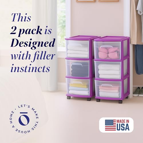 HOMZ 2-Pack Drawer Tower, 3-Tier Clear Plastic Storage Organizer Cart, Purple Frame - Organizing Containers with Wheels for Home, Bathroom, Bedroom, Office, and Classroom - color: Purple, size: 2 Pack