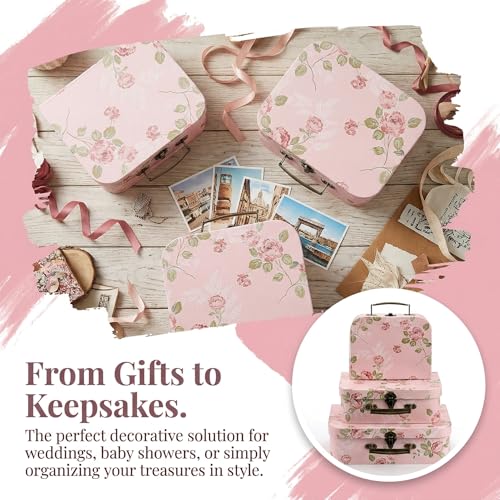 Fasmov 3 Pack Paperboard Suitcases Storage Box Decorative Storage Boxes Gift Boxes With Lids for Photo Storage Home Decoration, Wedding, Birthday, Anniversary, Pink