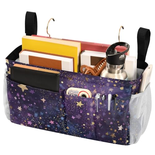 Bedside Caddy Metal Frame Hanging Organizer Bunk Bed Dorm Accessories Hook And Loop Storage Bag Large Pockets Dark Purple Dotty Stars - color: Dark Purple Dotty Stars