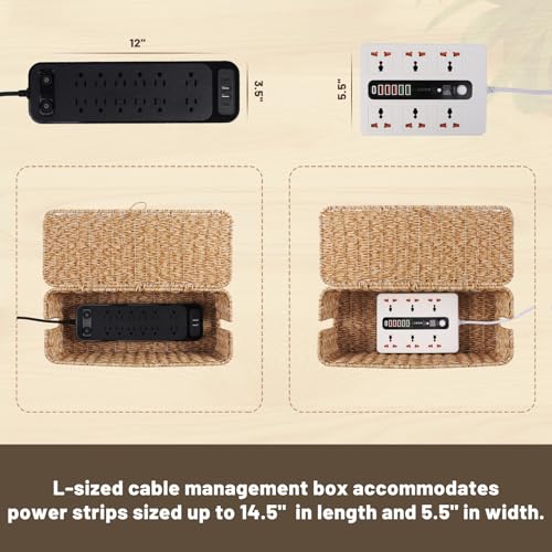 BROWNLILY Cable Management Box, Rattan Style Cord Organizer for Desk Cord Hider Outlet Covers Baby Proofing for Power Strip TV PC Router Charger Under Desk Storage with Lockable Lid and Cable Ties - color: Natural, size: L