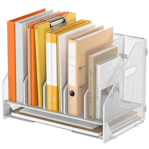 Desk File Folder Holder Organizer-5 Vertical Compartments Racks and Paper Letter Tray,Mesh Magazine File Holder Sorter,Desktop Accessories & Workspace Organizers for Home,Office,School-White - color: 5 Compartments-white