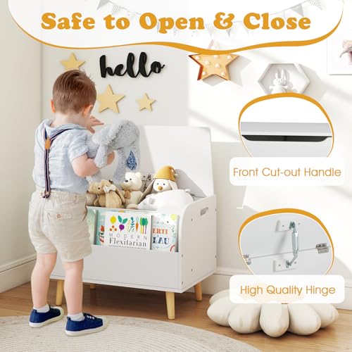 Costzon Kids Wooden Toy Box w/Front Bookshelf, Toy Storage Organizer w/ 4 Solid Wood Legs, Flip-top Lid, Safety Hinge & Cut-Out Handle, Toy Chest for Kids Room, Playroom, Nursery & Classroom - color: White, style: With legs