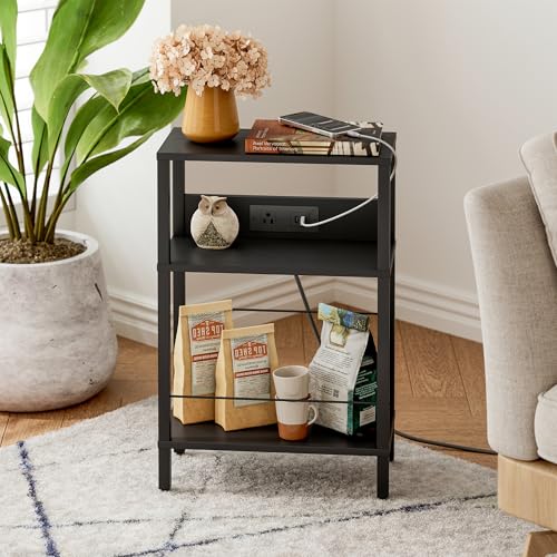 DGSANDGO Black Narrow Side Table - Nightstand with Charging Station (2 USB + 1 AC Outlet) & Drawer, Mute Wheels for Nordic Style/Bedroom/Living Room (Black) - color: Black, size: Drawer Wide-24.4"H 1 PC